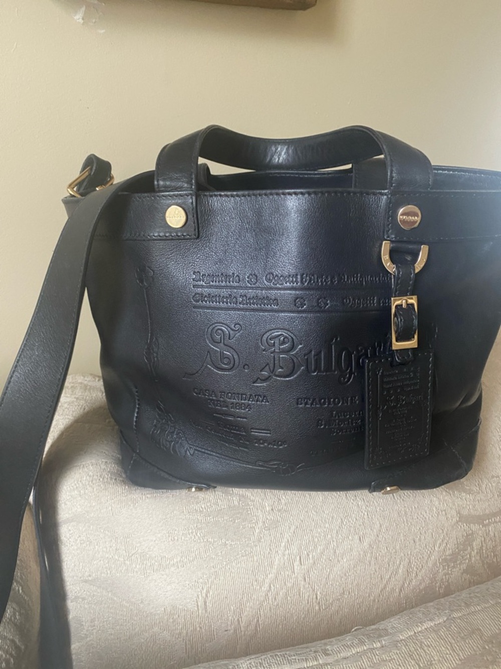 Bulgari Black Leather Embossed Tote with Gold Hardware